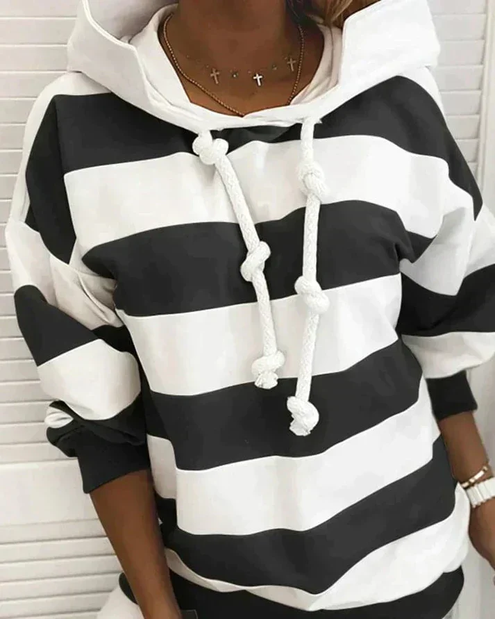 Soft Women’s Hooded Pullover - Striped Relaxed Cotton, Casual - Image 13