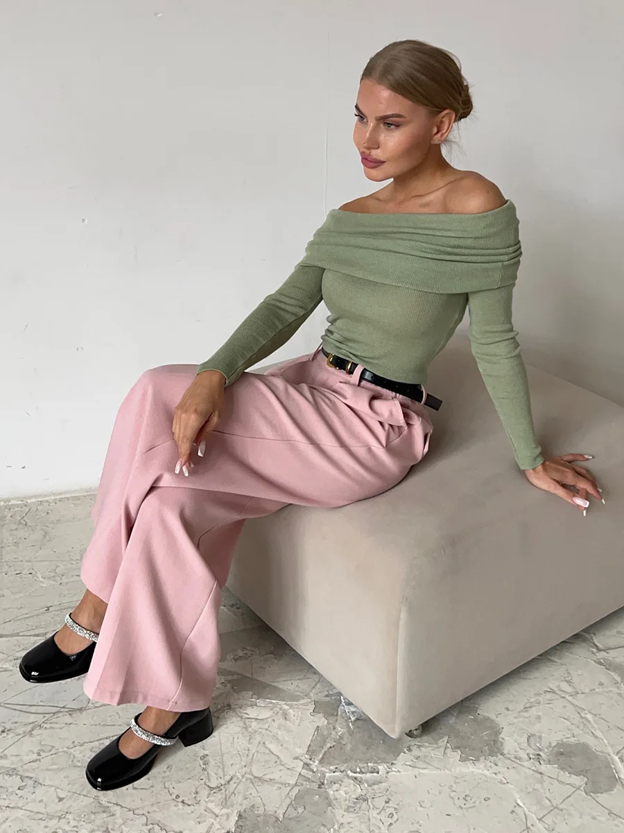 Soft Women's Off Shoulder Sweater - Bateau Neck, Ribbed - Image 11