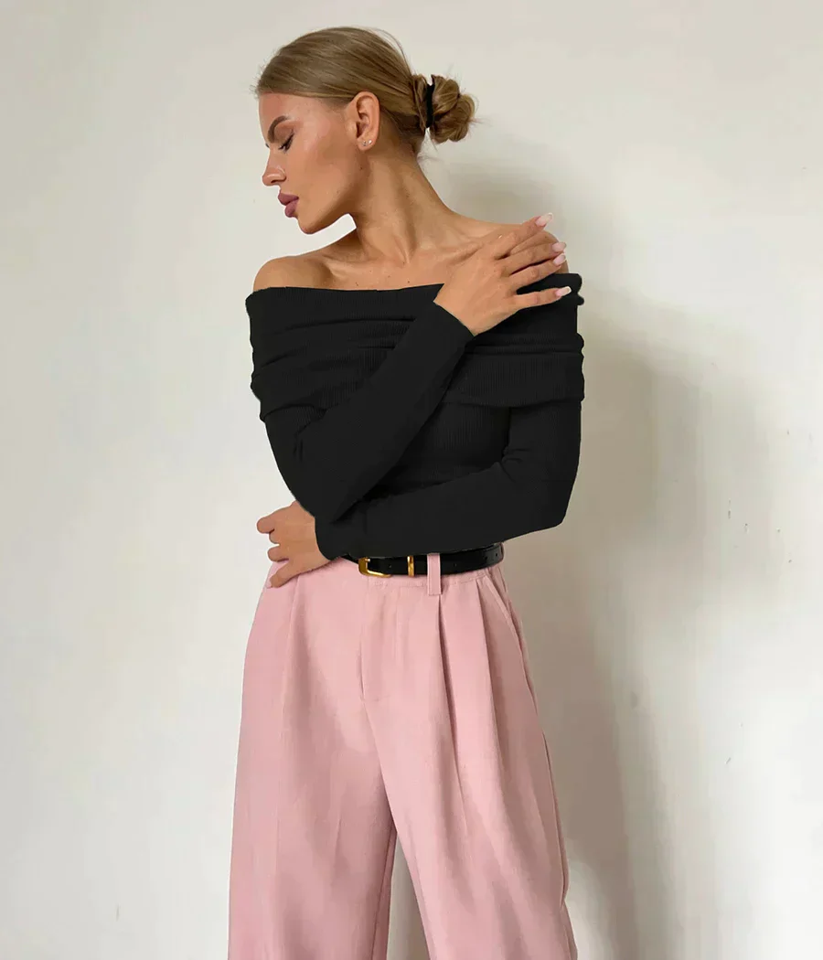 Soft Women's Off Shoulder Sweater - Bateau Neck, Ribbed - Image 12