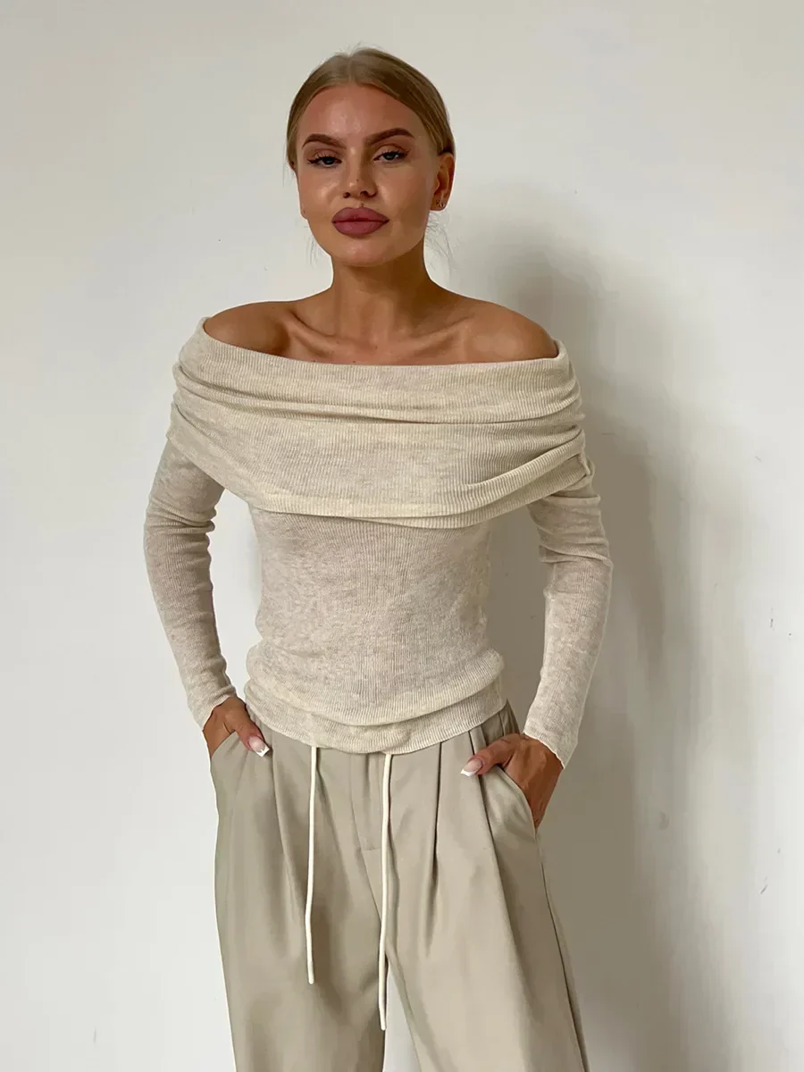 Soft Women's Off Shoulder Sweater - Bateau Neck, Ribbed - Image 13