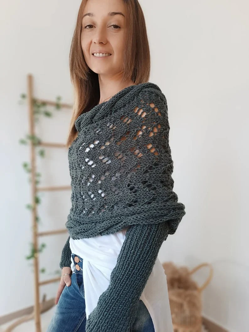 Soft Women’s Scarf - Openwork Rectangular, Knit, For Winter - Image 4