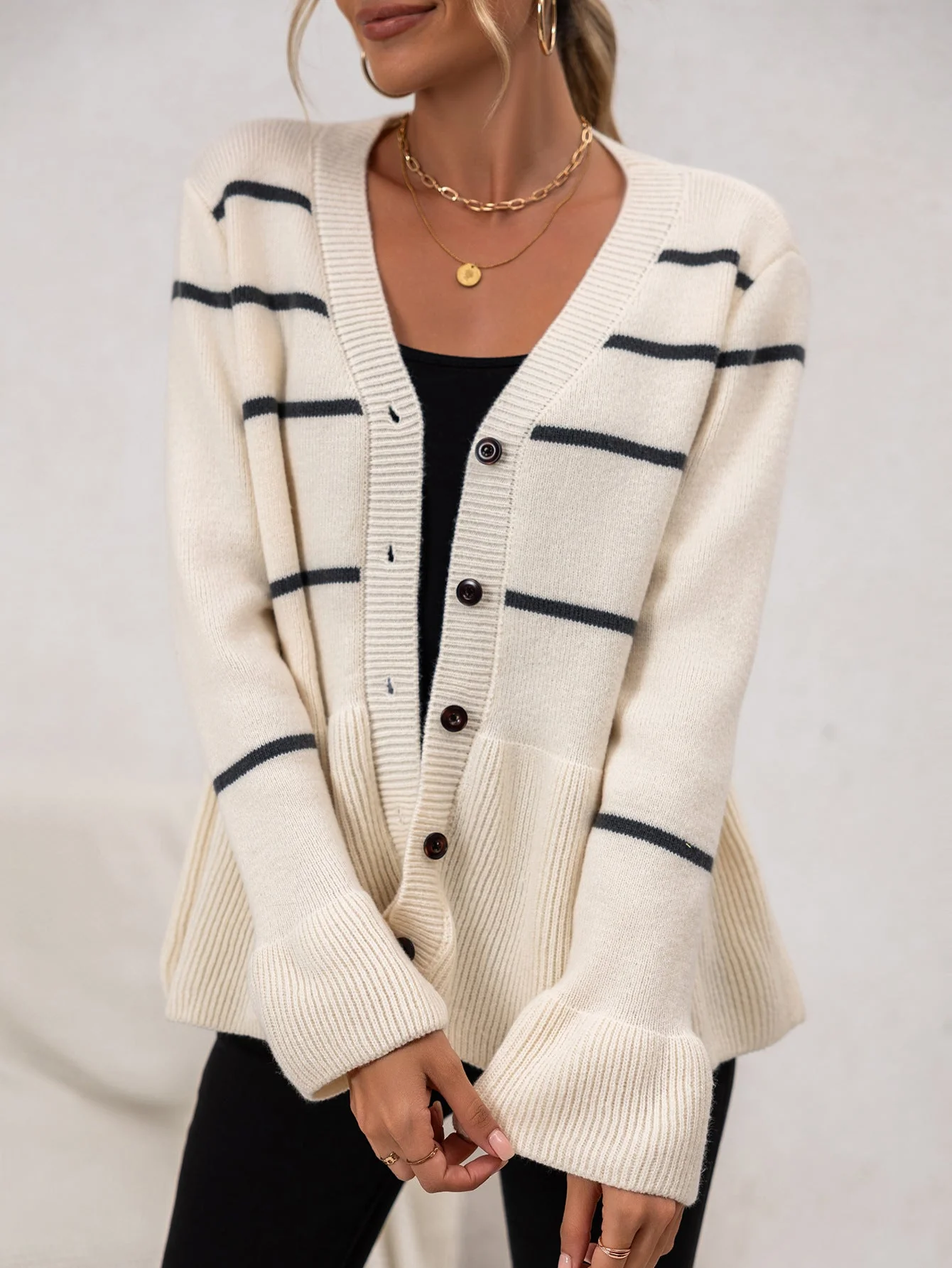 Soft Women’s Striped Cardigan - V Neck Buttoned, Knit, Fall - Image 2