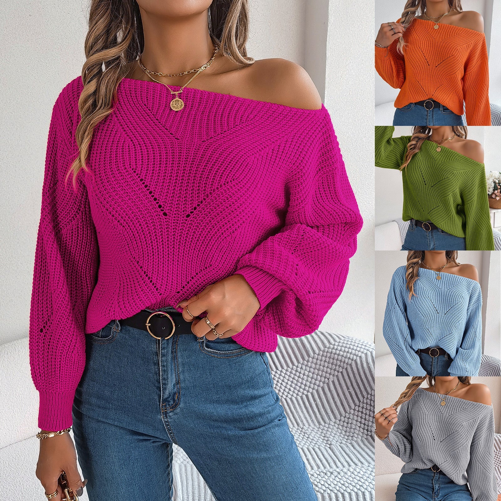 Soft Women’s Sweater - Off Shoulder Lantern Sleeve, Acrylic - Image 4
