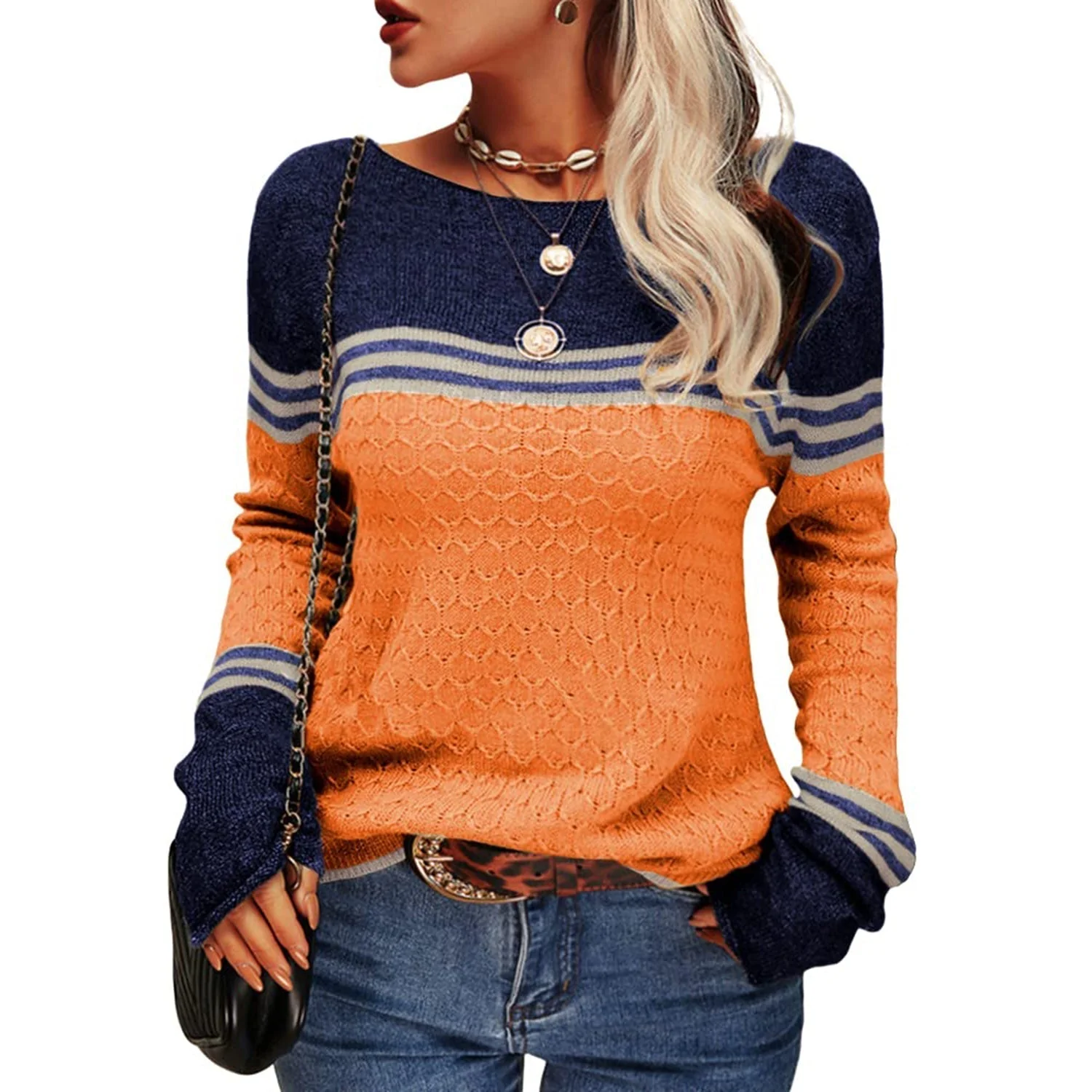 Soft Women's Sweater - Relaxed Color Block Knit, Casual - Image 12