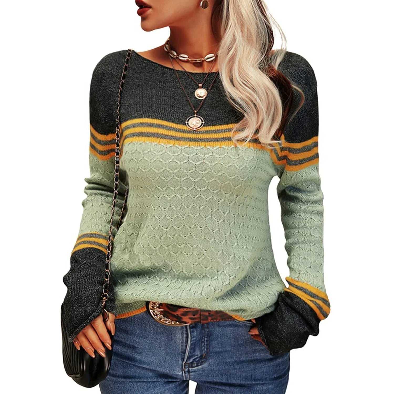 Soft Women's Sweater - Relaxed Color Block Knit, Casual - Image 2