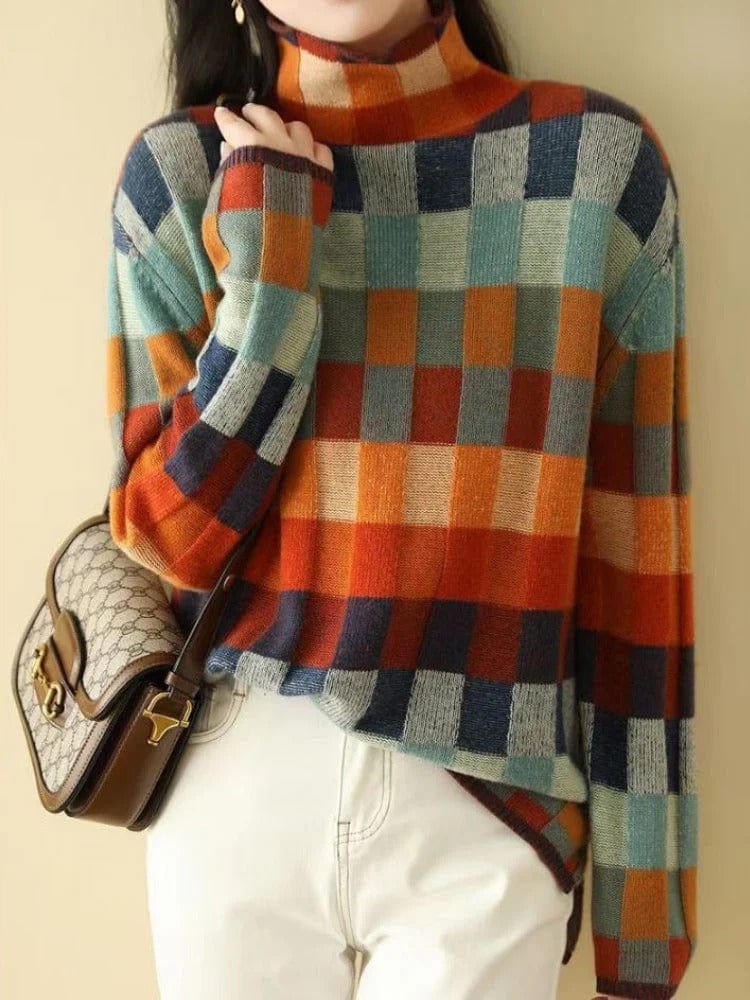 Soft women’s turtleneck sweater - boxy checkered knit