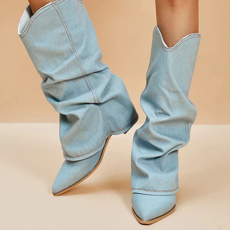 Soft Womens Knee High Boots - Slouchy Denim, Casual - Image 4