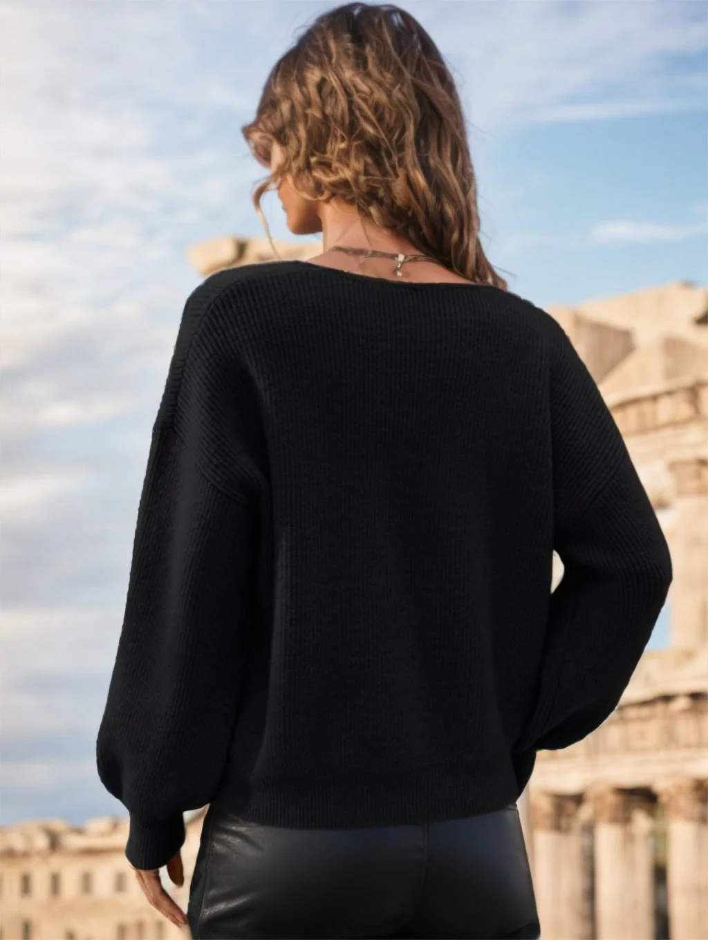 Soft Womens V Neck Sweater- Balloon Sleeves, Knit, For City - Image 2