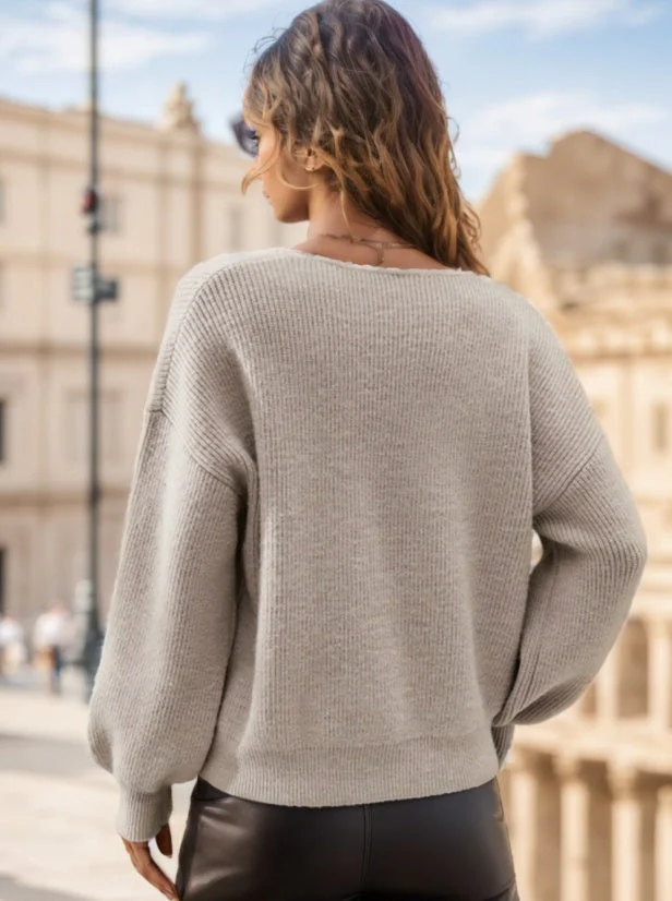 Soft Womens V Neck Sweater- Balloon Sleeves, Knit, For City - Image 3