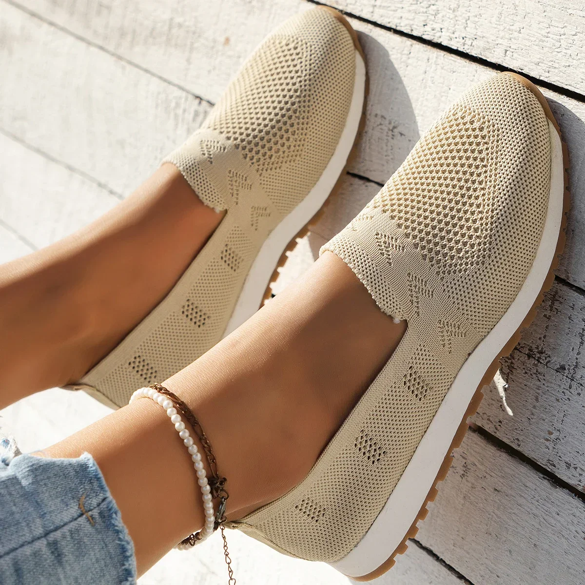 Solid Color Casual Flats Slip-On Mesh Breathable Round Toe Shoes Women's - Image 4