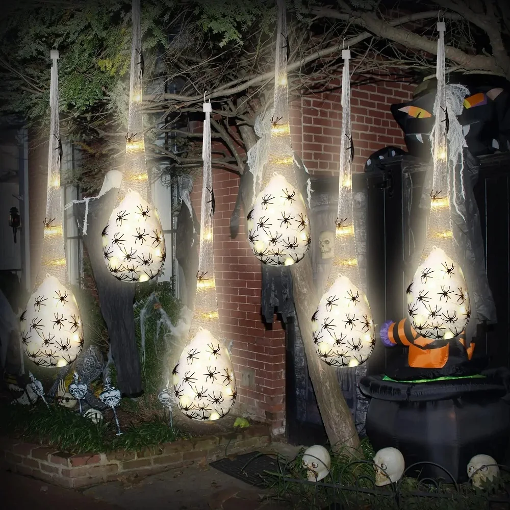 Spider Lights Hanging Egg Sacs - Glowing Halloween Decor 2025 Indoor Outdoor Spooky Party Accent
