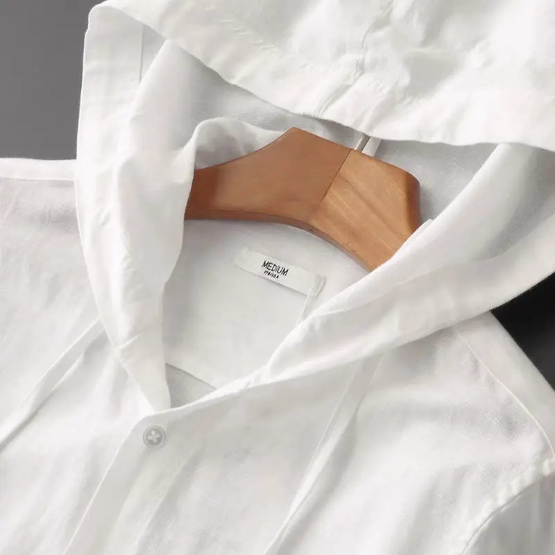 Spring Summer Solid Color Hooded Cotton Hemp Shirt Man Casual Cardigan - Image 3