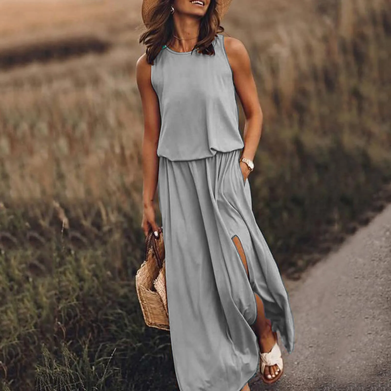 Spring/Summer Women's Trendy Retro Sleeveless Dress, Solid Color Two-Piece Set - Image 10
