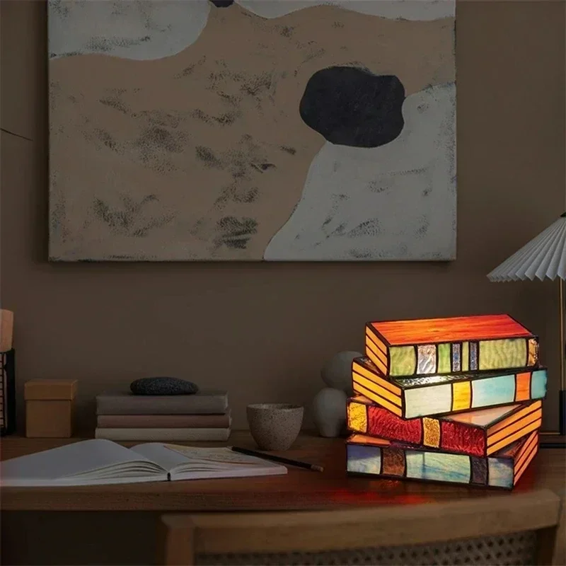 Stacked Books Lamp - Resin Handicraft Stained Glass Table Light for Reading Decor - Image 4