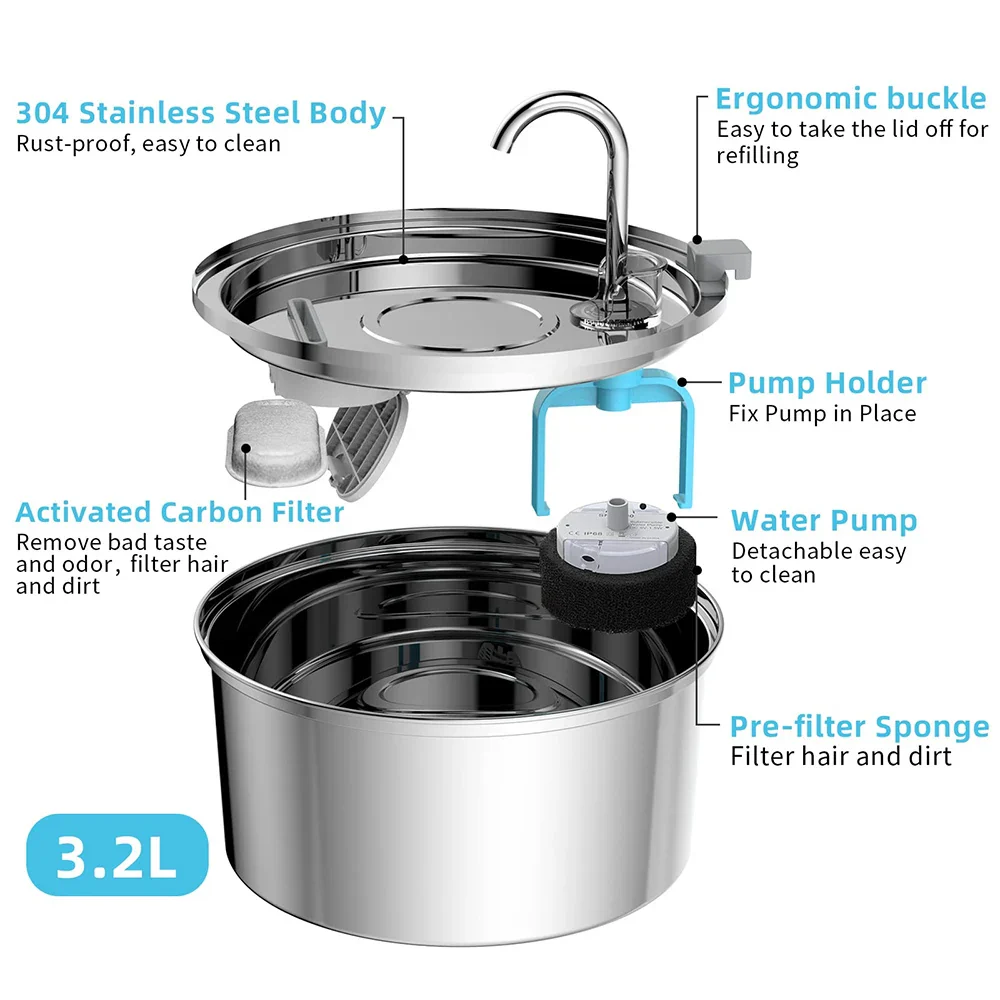 Stainless Steel Automatic Pet Water Fountain USB Mute Dog Cat Filter Bowl - Image 4