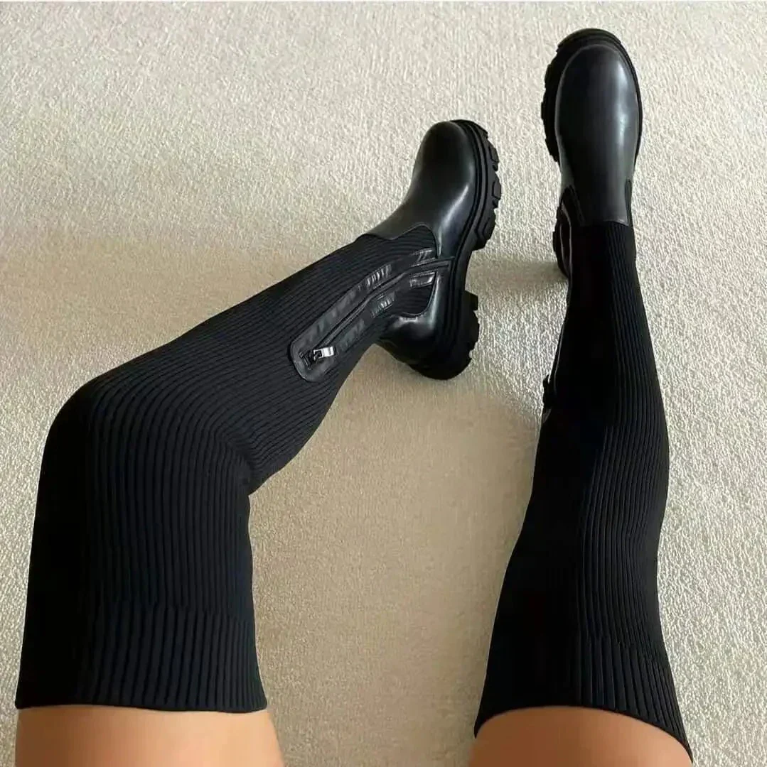Stretchy Flattering Women’s Thigh-High Sock Boots - Knit - Image 2