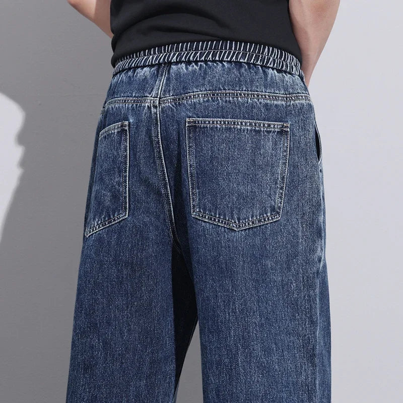 Stretchy Men Wide Leg Jeans - Drawstring Waist, Denim - Image 10