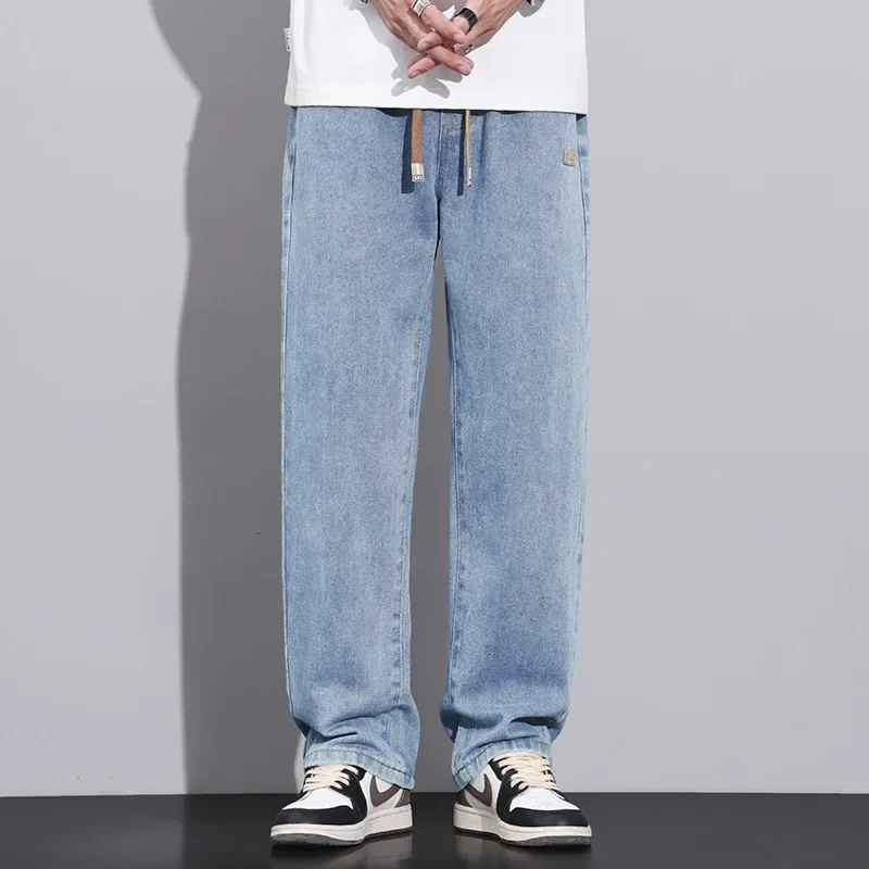 Stretchy Men Wide Leg Jeans - Drawstring Waist, Denim - Image 2