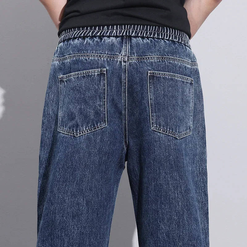 Stretchy Men Wide Leg Jeans - Drawstring Waist, Denim - Image 9