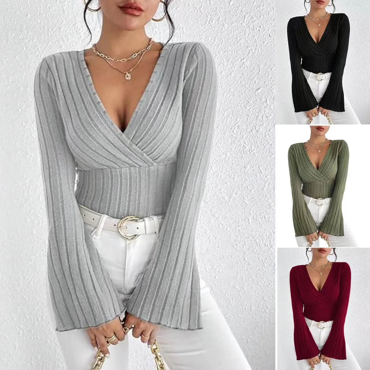 Stretchy Women’s Long Sleeve Top - V Neck, Ribbed Knit
