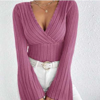 Stretchy Women’s Long Sleeve Top - V Neck, Ribbed Knit - Image 11