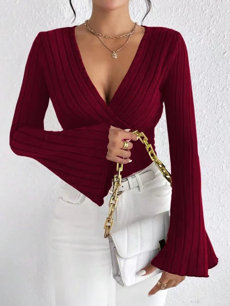 Stretchy Women’s Long Sleeve Top - V Neck, Ribbed Knit - Image 12