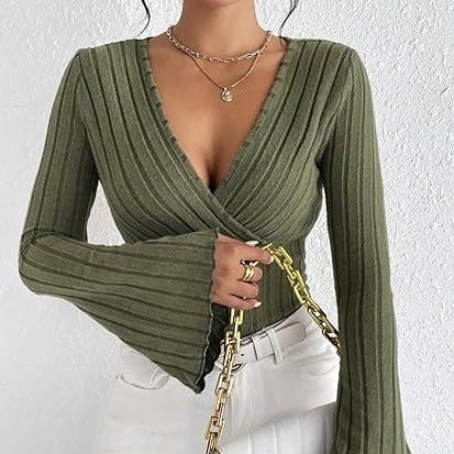 Stretchy Women’s Long Sleeve Top - V Neck, Ribbed Knit - Image 2
