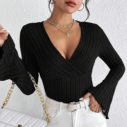 Stretchy Women’s Long Sleeve Top - V Neck, Ribbed Knit - Image 3