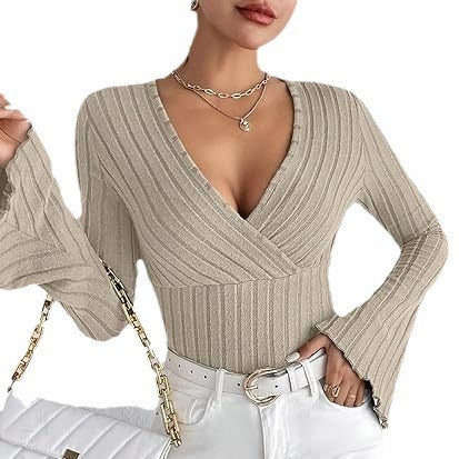 Stretchy Women’s Long Sleeve Top - V Neck, Ribbed Knit - Image 4