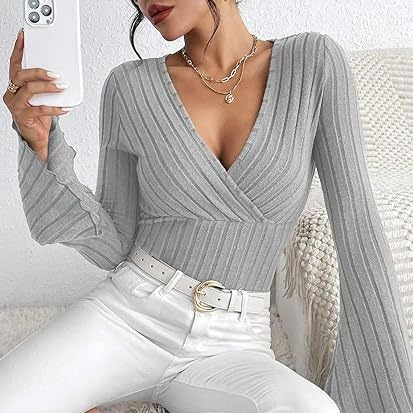 Stretchy Women’s Long Sleeve Top - V Neck, Ribbed Knit - Image 5