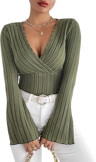 Stretchy Women’s Long Sleeve Top - V Neck, Ribbed Knit - Image 6