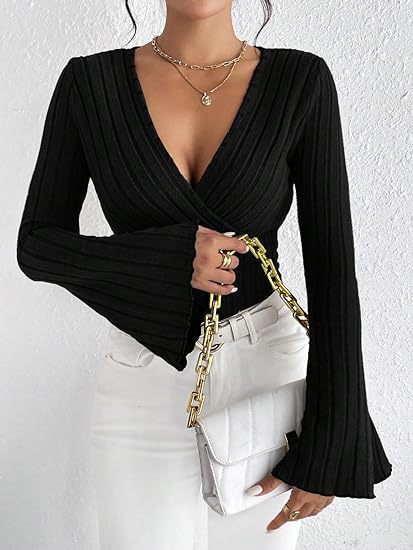 Stretchy Women’s Long Sleeve Top - V Neck, Ribbed Knit - Image 7