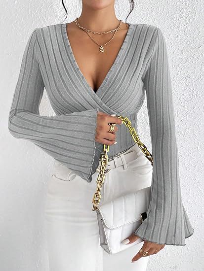 Stretchy Women’s Long Sleeve Top - V Neck, Ribbed Knit - Image 8