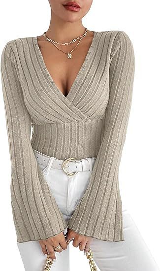 Stretchy Women’s Long Sleeve Top - V Neck, Ribbed Knit - Image 9