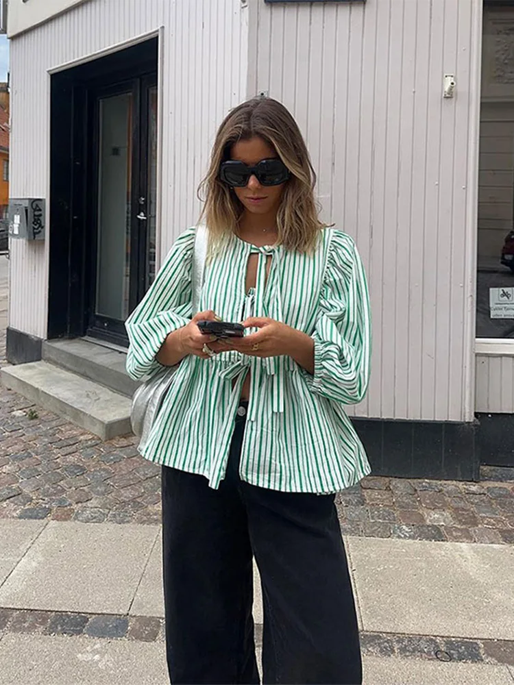 Striped Puff Sleeve Women's Top - Elegant Casual Blouse for Women, Comfortable Fit and Versatile Design - Image 2
