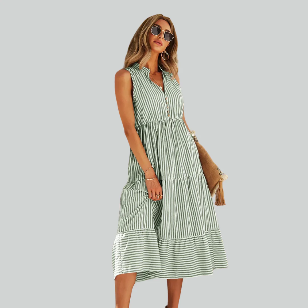 Striped Shirt Dress Women A-Line Summer Casual V-Neck Sleeveless Beach Holiday Dress - Image 2