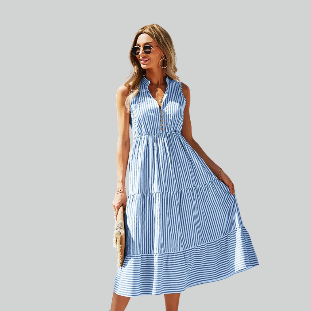 Striped Shirt Dress Women A-Line Summer Casual V-Neck Sleeveless Beach Holiday Dress - Image 3