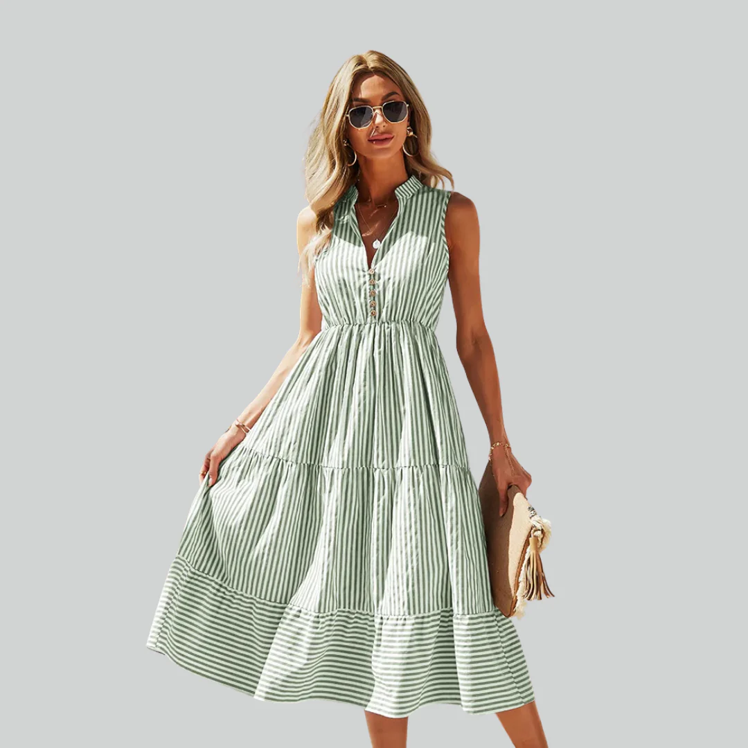 Striped Shirt Dress Women A-Line Summer Casual V-Neck Sleeveless Beach Holiday Dress - Image 4