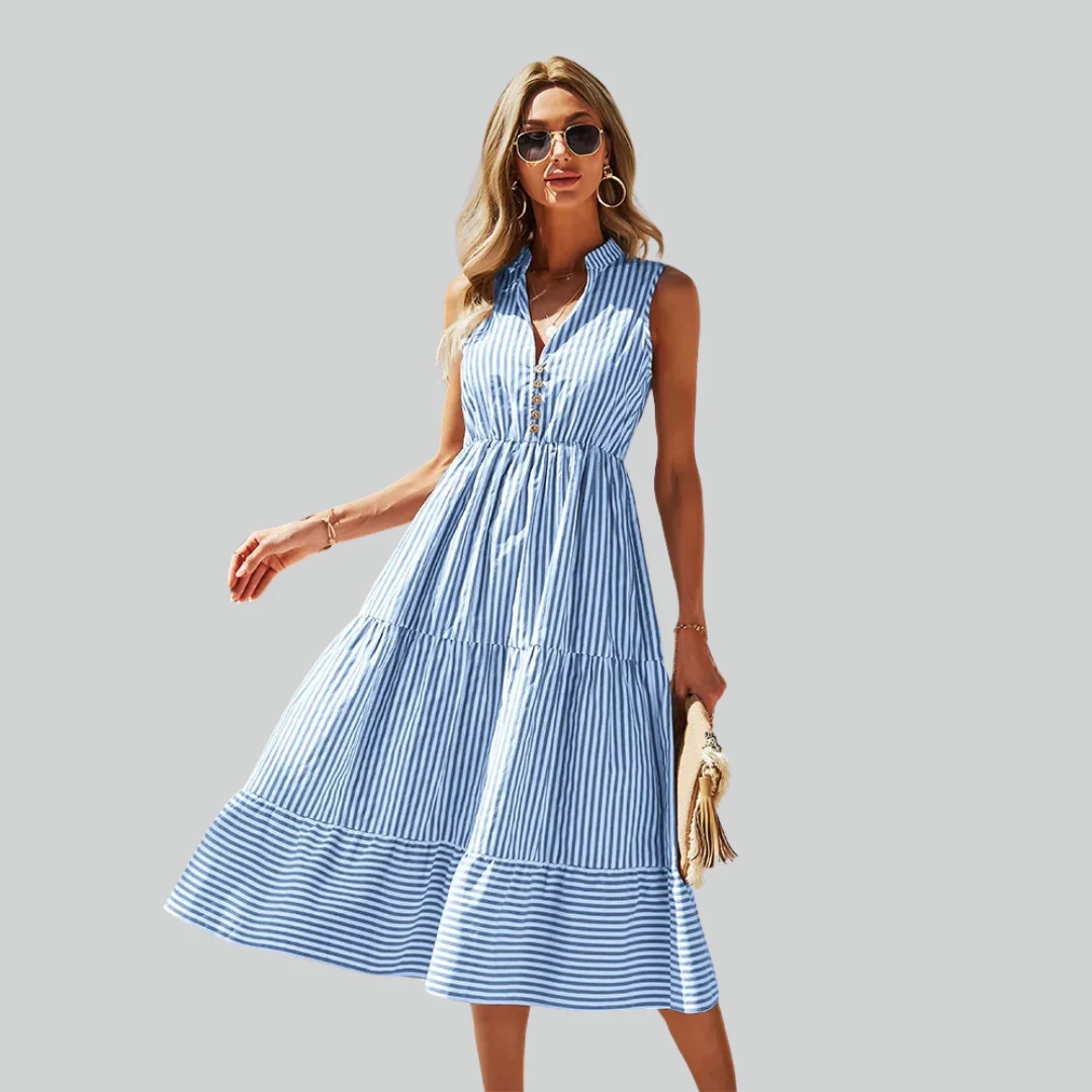 Striped Shirt Dress Women A-Line Summer Casual V-Neck Sleeveless Beach Holiday Dress - Image 5