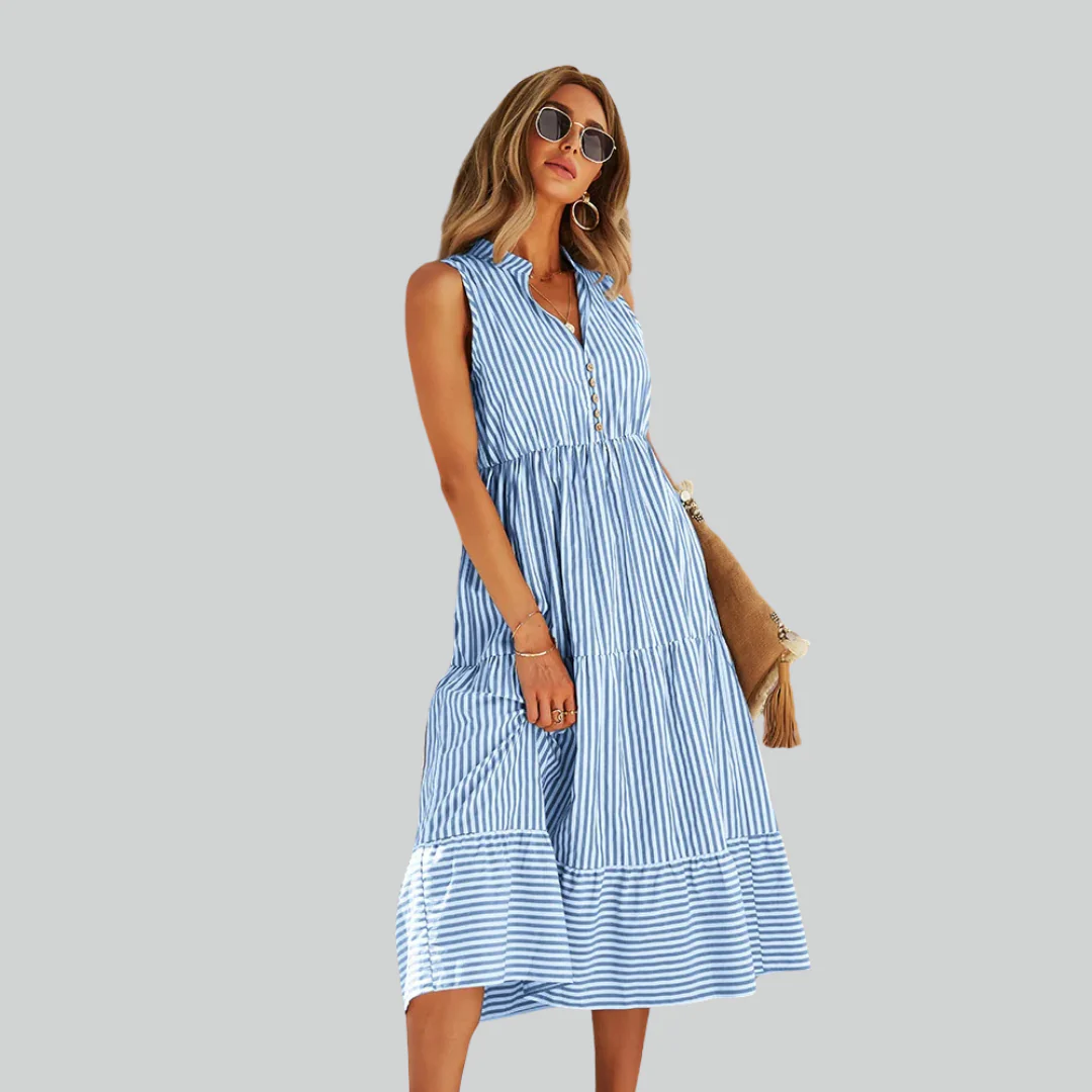 Striped Shirt Dress Women A-Line Summer Casual V-Neck Sleeveless Beach Holiday Dress - Image 7
