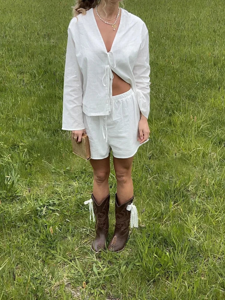 Stylish Long Sleeve Blouse with Openwork V-Neck and Lacing, Breathable Fabric for Spring Fashion - Image 5