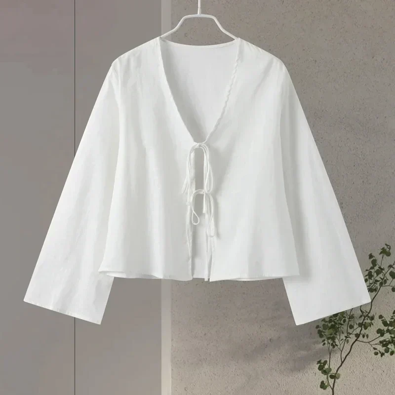 Stylish Long Sleeve Blouse with Openwork V-Neck and Lacing, Breathable Fabric for Spring Fashion - Image 8