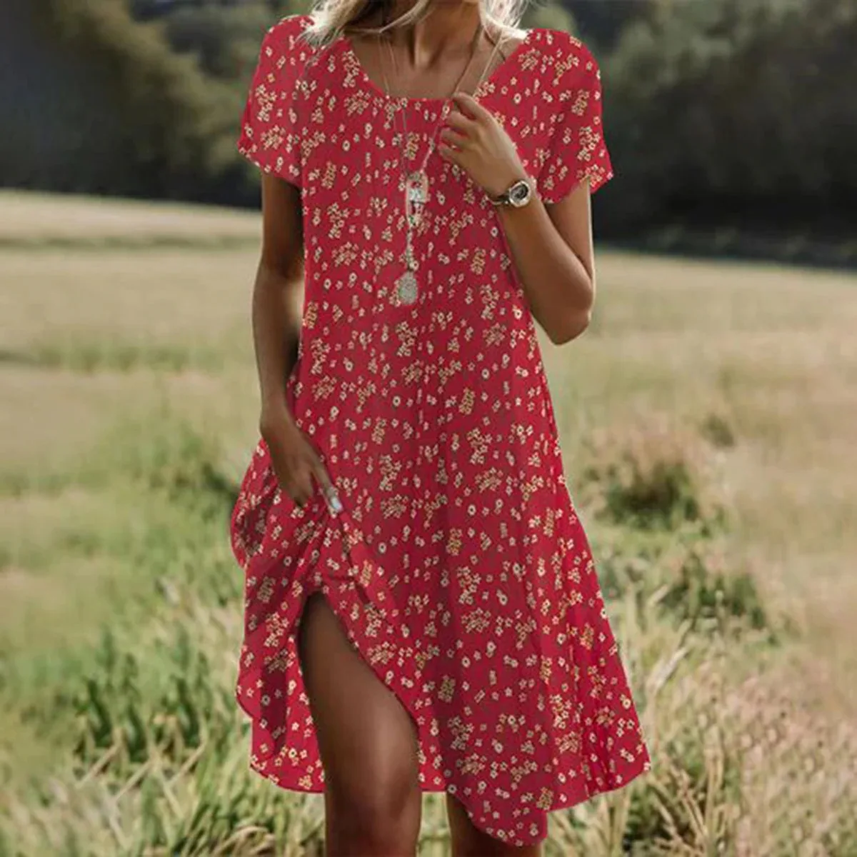 Summer Bohemian Dresses For Women V Neck Short Sleeve Floral Maxi Beach Dress - Image 2