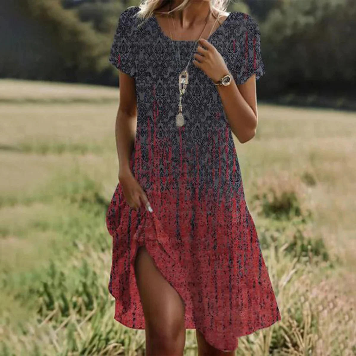 Summer Bohemian Dresses For Women V Neck Short Sleeve Floral Maxi Beach Dress - Image 7