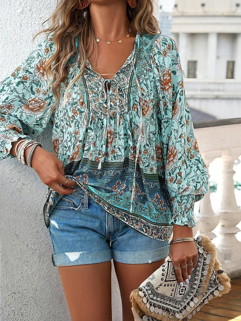 Summer Floral Blouse for Women, Lightweight Cotton Top with Adjustable Fit and Boho Design, Perfect for Casual Outings - Image 9