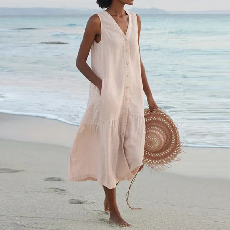 Summer Loose Casual Patchwork Cotton Linen Dress - V Neck Beach Style Midi for Women - Image 2