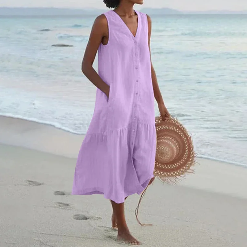 Summer Loose Casual Patchwork Cotton Linen Dress - V Neck Beach Style Midi for Women - Image 5