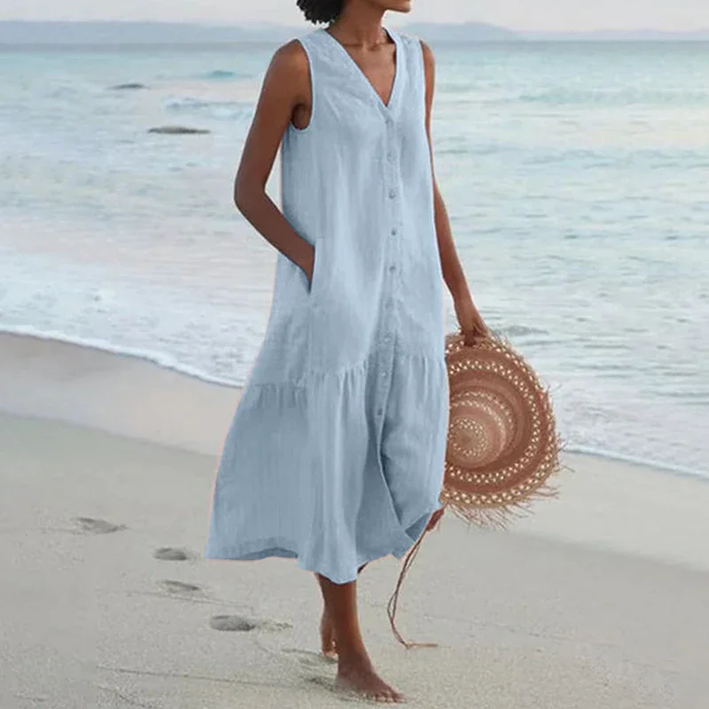 Summer Loose Casual Patchwork Cotton Linen Dress - V Neck Beach Style Midi for Women - Image 6