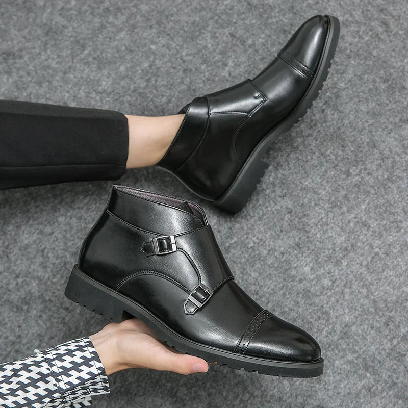 Supportive Mens Ankle Boots - Double Monk Cap-Toe, Leather - Image 2