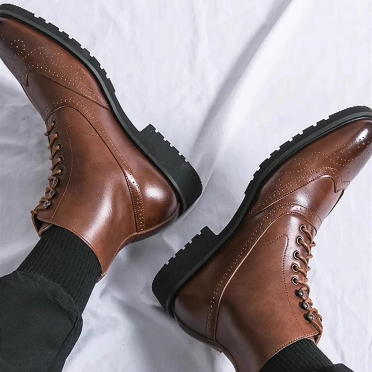 Supportive Mens Mid-Top Work Boots - Brogue, Leather, Fall - Image 3